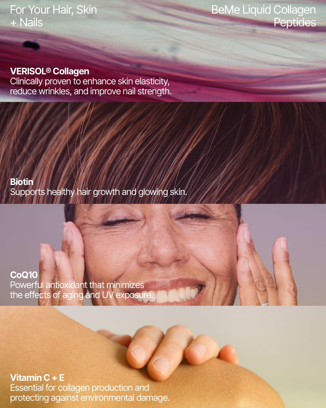 BeMe supplement with biotin and CoQ10 supports hair fullness and energy.