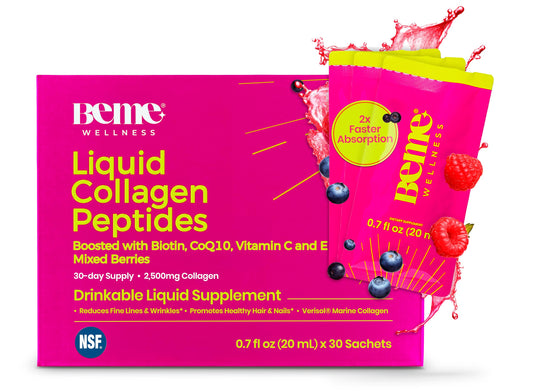 BeMe liquid collagen 2500mg bottle highlights premium marine peptides for radiant skin.