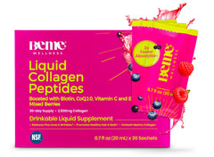 BeMe liquid collagen 2500mg bottle highlights premium marine peptides for radiant skin.
