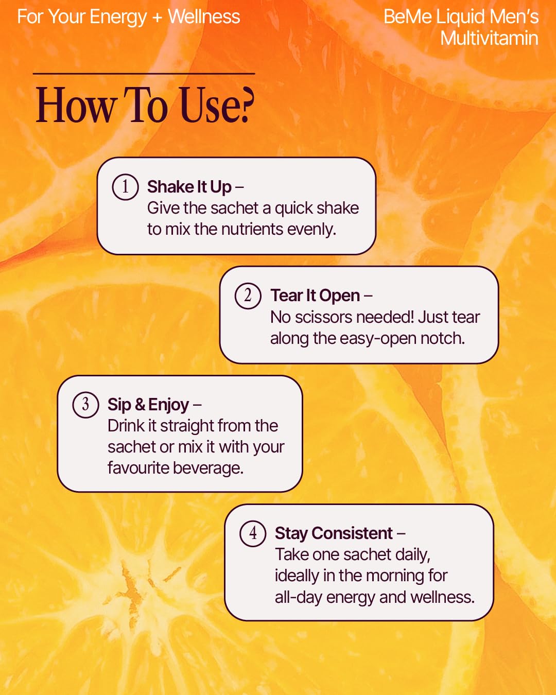 BeMe daily dosing highlights quick, pre-measured nutrient delivery.