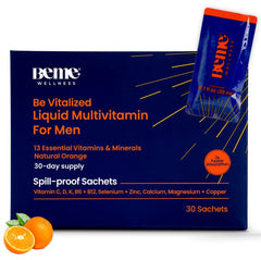 BeMe liquid multivitamin for men sachet packaging shows on-the-go convenience for busy mornings.