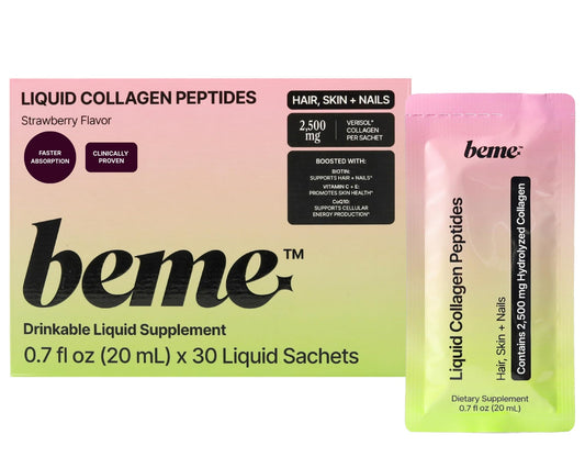 BeMe strawberry liquid collagen sachet packaging for convenient daily use.