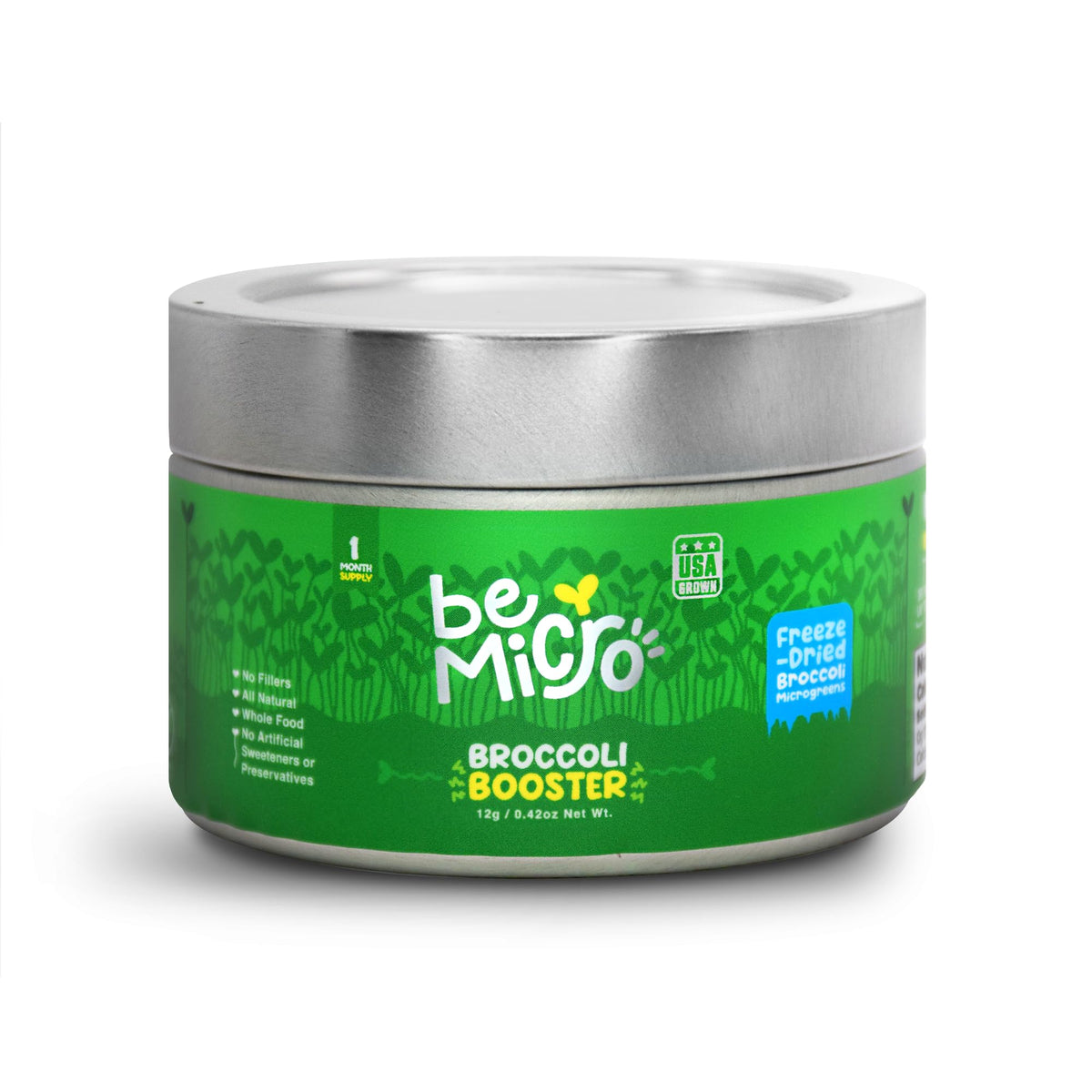 BeMicro broccoli booster bottle on a kitchen counter supports daily nutrient intake