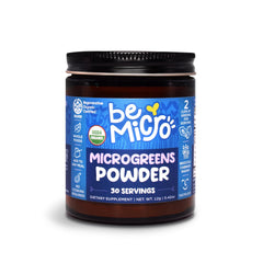 BeMicro jar of green powder front, ready to boost daily nutrition.