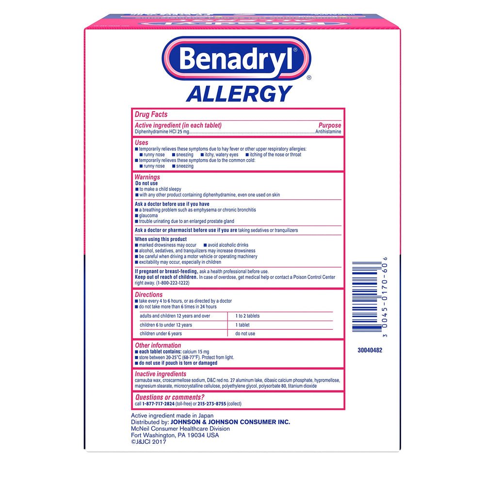 Benadryl Ultratabs 60-packets pack view ideal for travel.