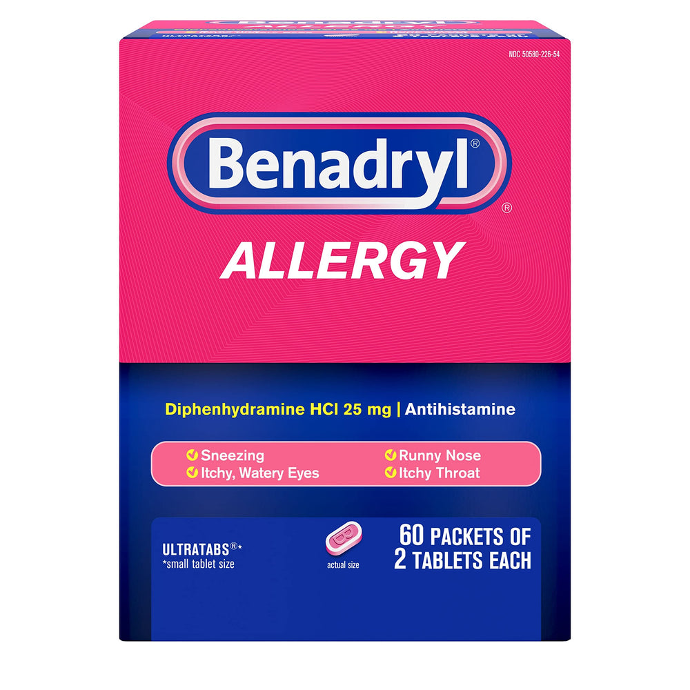 Benadryl Ultratabs Go Packs front view for travel-ready relief.