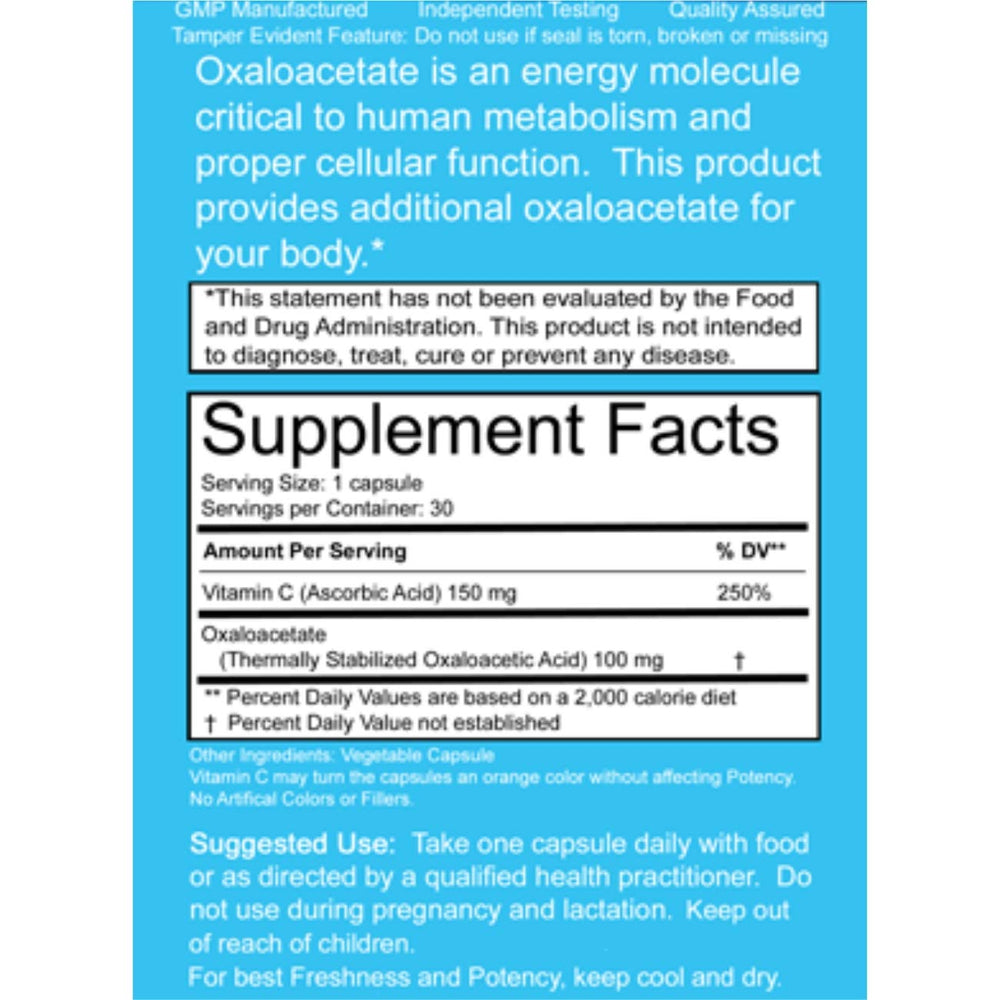 Benagene Oxaloacetate supplement label highlights shelf-stable formula.