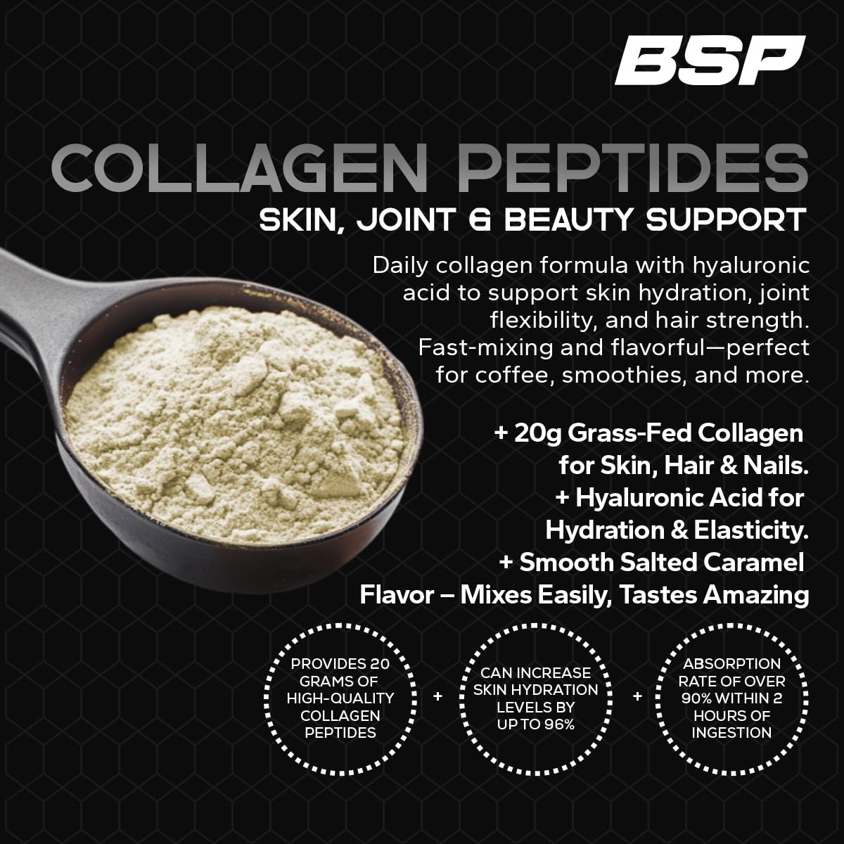 Benavidez Collagen Peptides Hyaluronic Acid label close-up highlighting added moisture benefits.