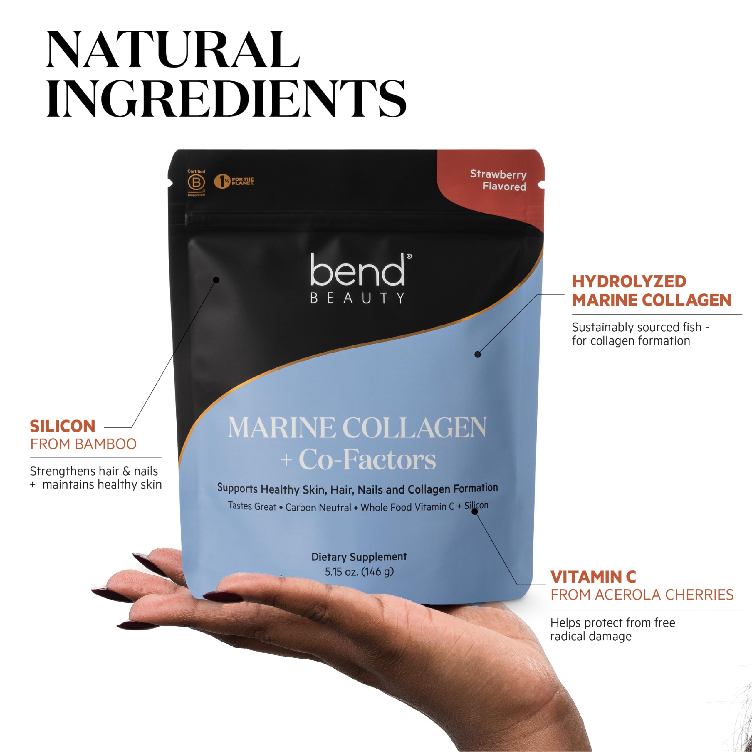 Bend Marine Collagen strawberry powder scoop ready for daily use