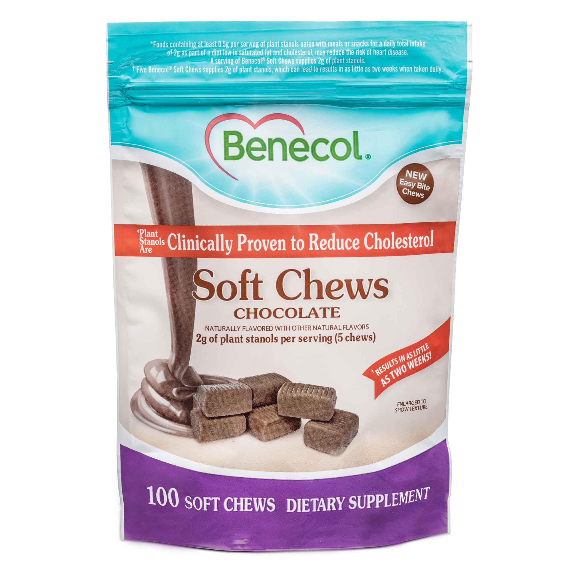 Benecol Soft Chews chocolate flavor, easy bite packaging, convenient daily plant stanol intake