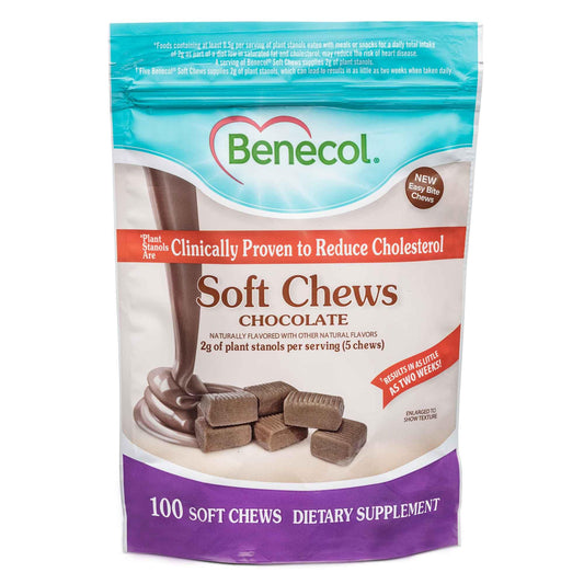 Benecol Soft Chews chocolate flavor, easy bite packaging, convenient daily plant stanol intake