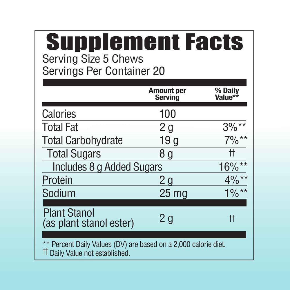 Benecol Soft Chews 5-chew serving provides 2 g of plant stanols in daily dose