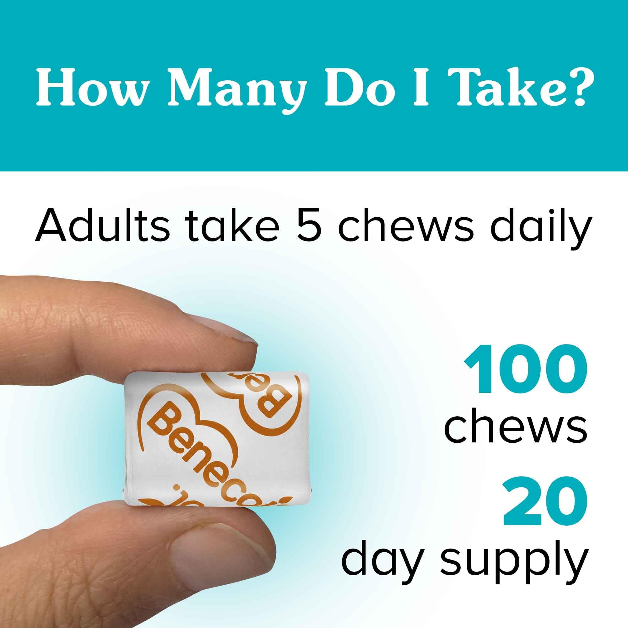 Benecol Soft Chews five-chew serving supports cholesterol management daily.