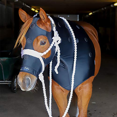 Benefab Therapeutic Lycra Horse Hood front view, promoting neck warmth for cooldowns after riding