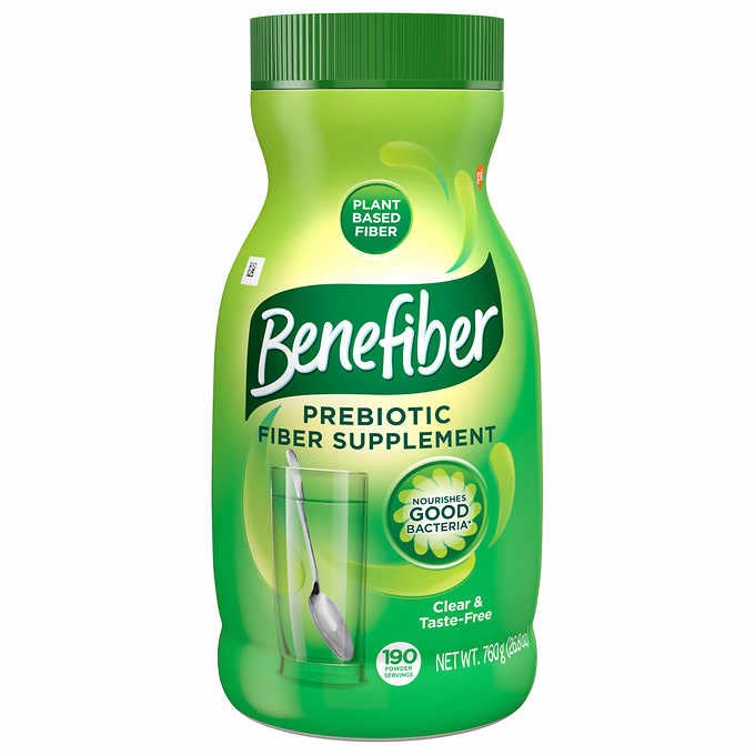 Benefiber fiber supplement powder container showing tasteless formula for easy added fiber