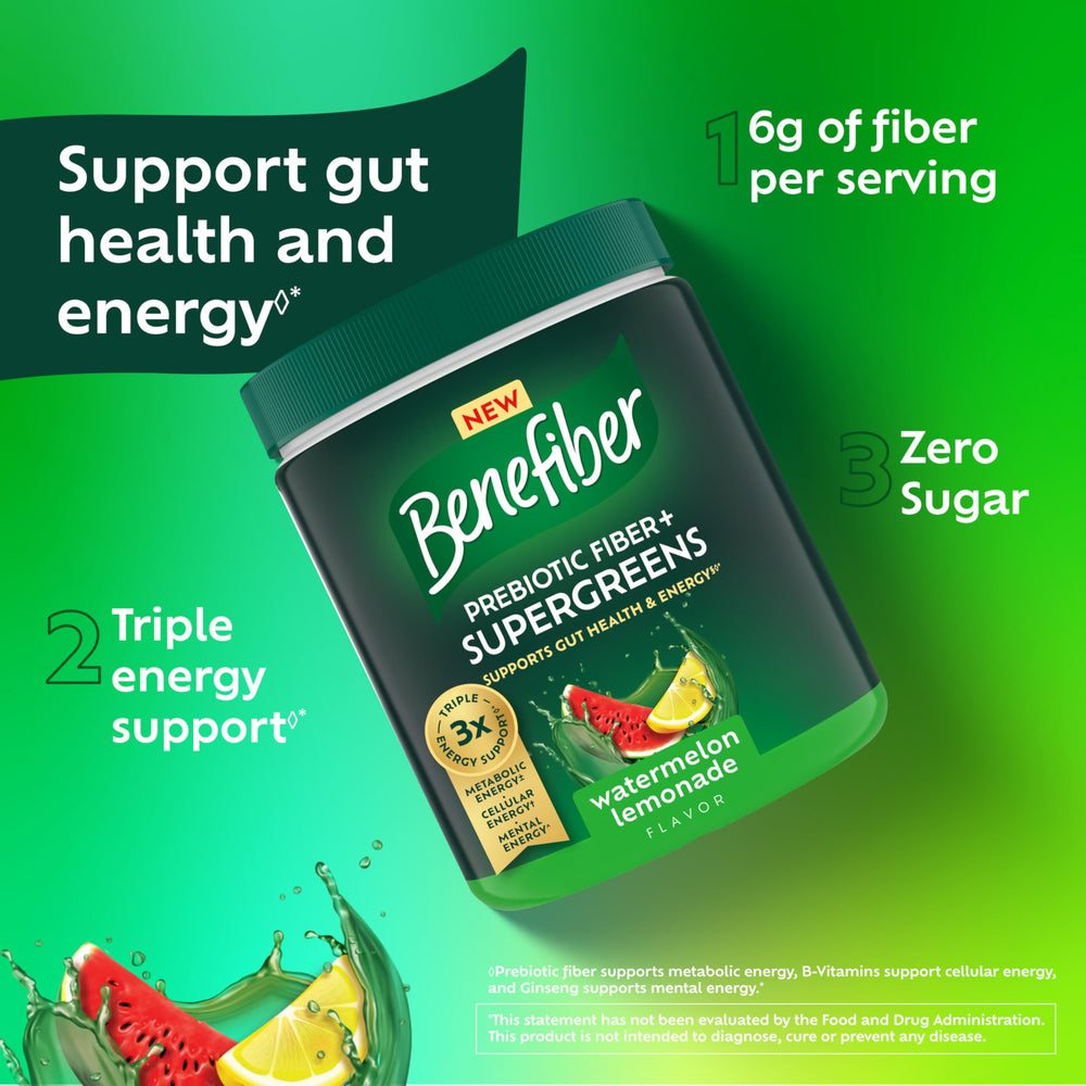 Ingredient panel close-up on Benefiber Prebiotic Fiber + Supergreens packaging.