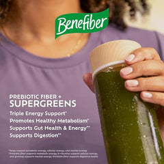 Kitchen scene with Benefiber Prebiotic Fiber + Supergreens tub and scoop.