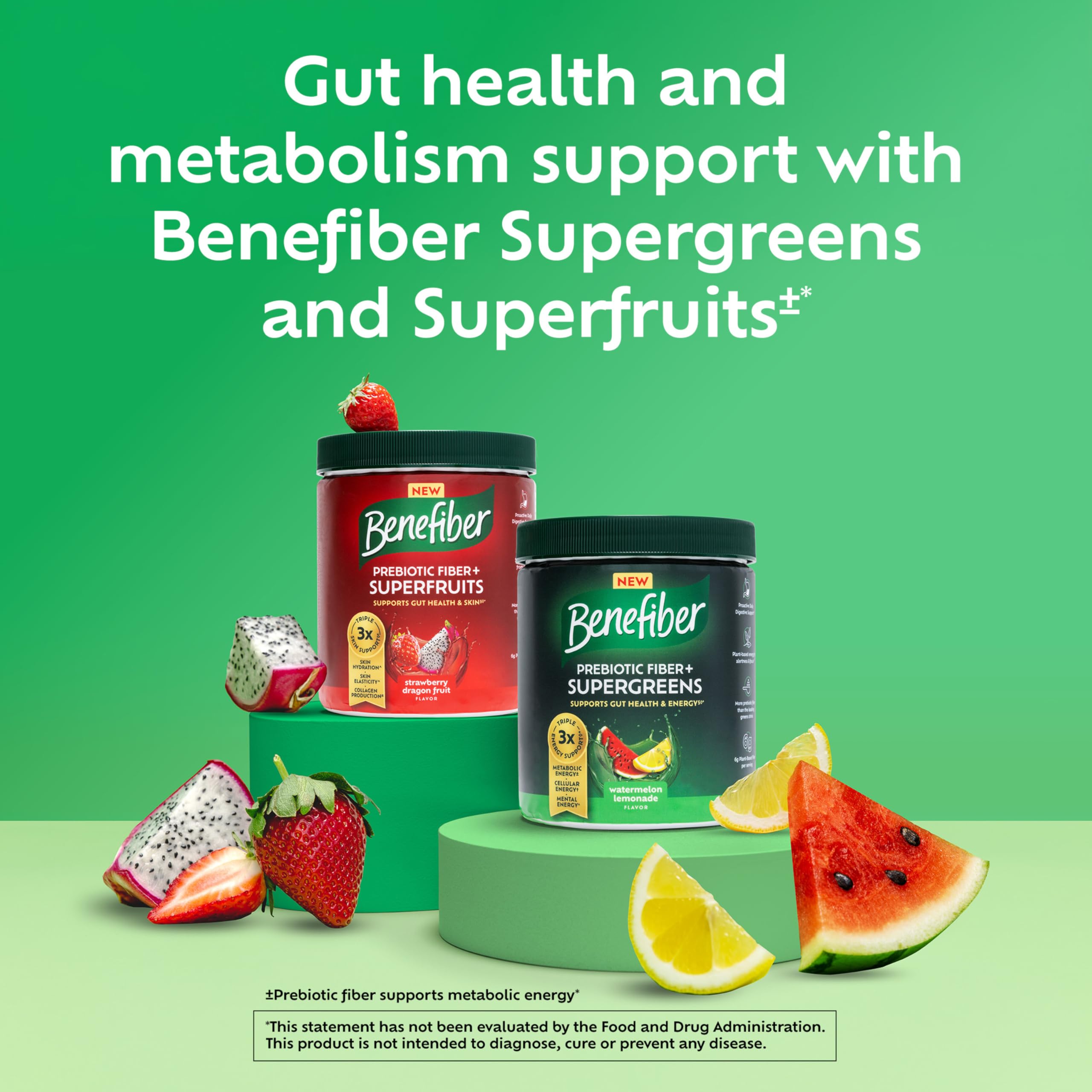 Benefiber Prebiotic Fiber + Supergreens scoop; convenient daily fiber boost for digestive wellness.