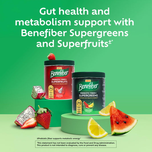 Benefiber Prebiotic Fiber + Supergreens scoop; convenient daily fiber boost for digestive wellness.