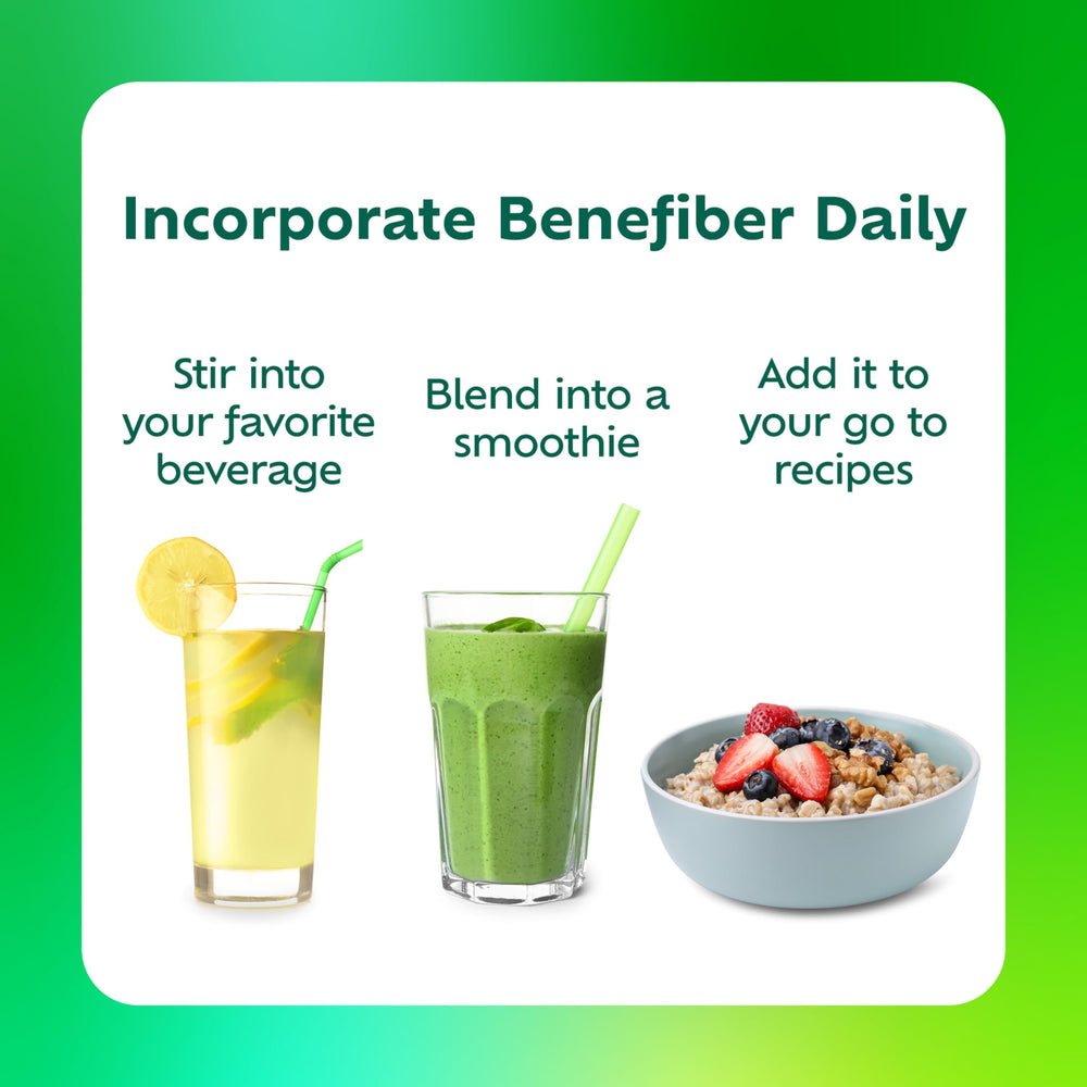 Benefiber Prebiotic Fiber + Supergreens glass with ice and stir.