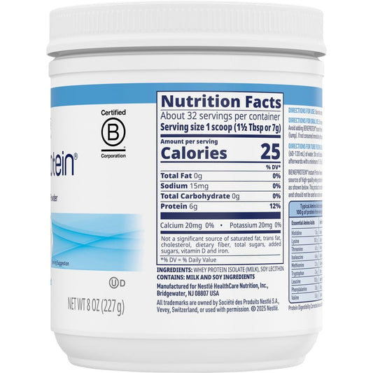 Beneprotein scoop with powder, convenient 6 g protein per serving for meals.