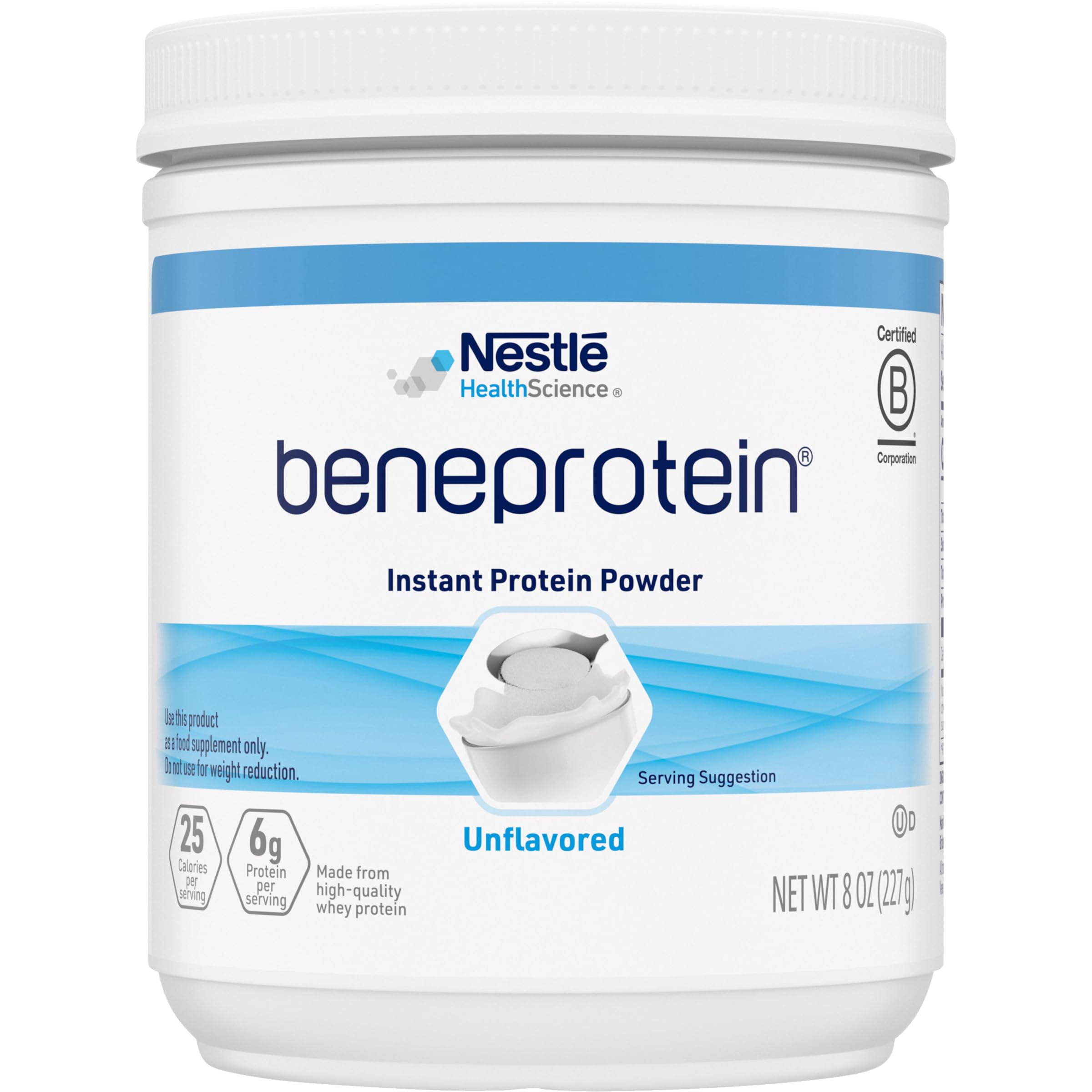 Beneprotein unflavored whey powder canister front view, ideal for daily protein.