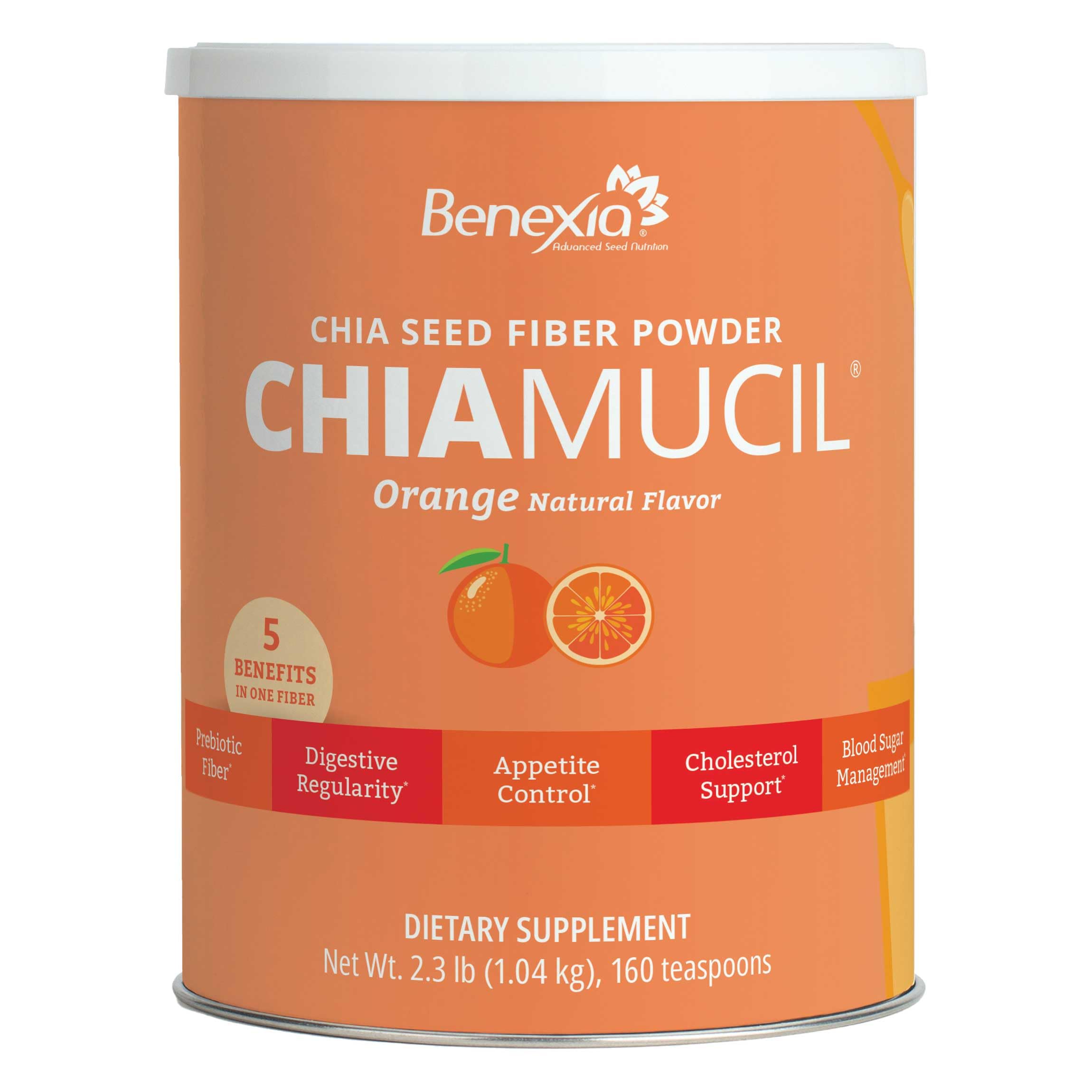 BENEXIA Chiamucil bottle pouring into glass for convenient daily fiber support.