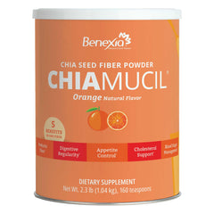 BENEXIA Chiamucil bottle pouring into glass for convenient daily fiber support.
