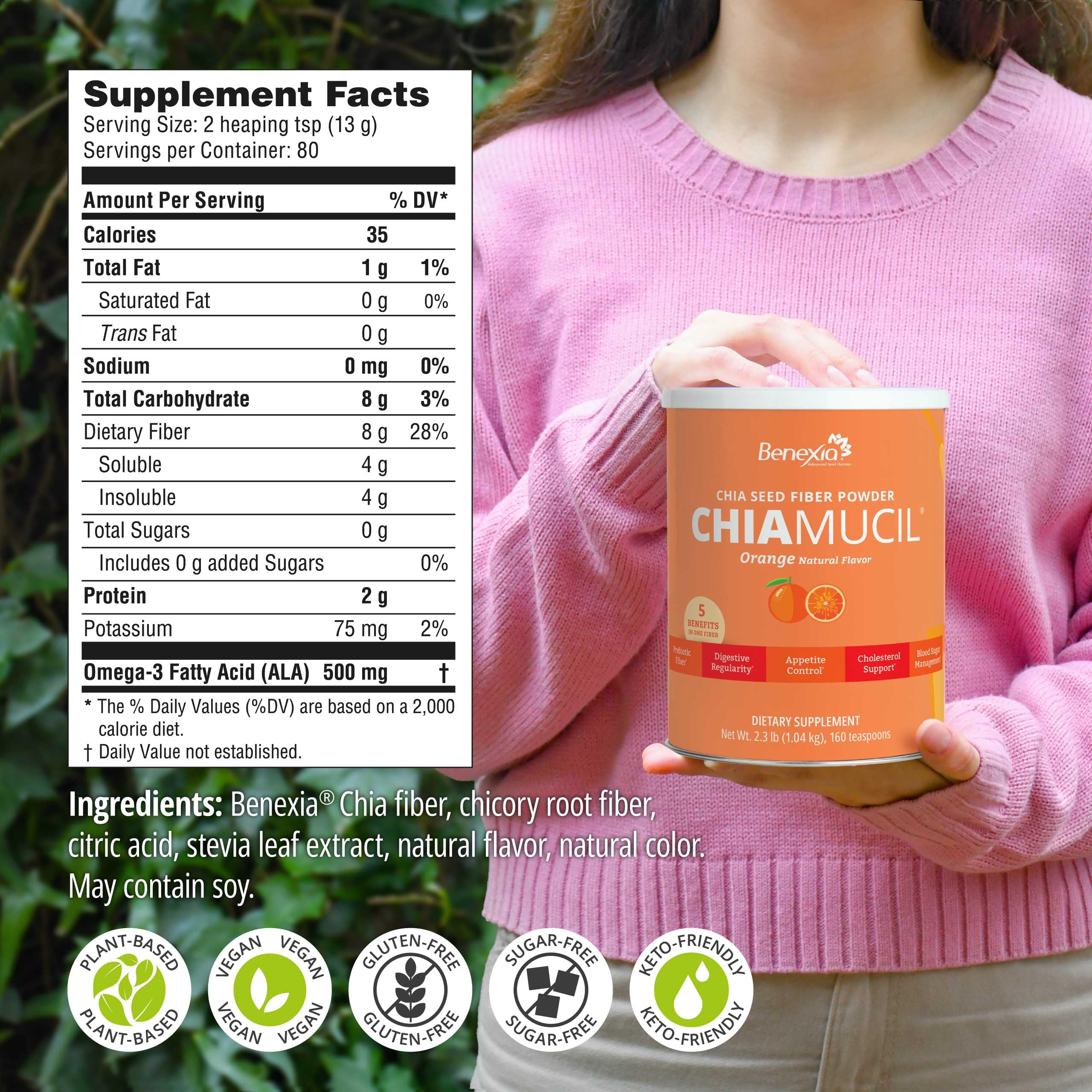 Label close-up of BENEXIA Chiamucil highlighting gluten-free vegan and non-GMO claims.