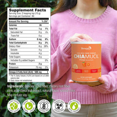 Label close-up of BENEXIA Chiamucil highlighting gluten-free vegan and non-GMO claims.