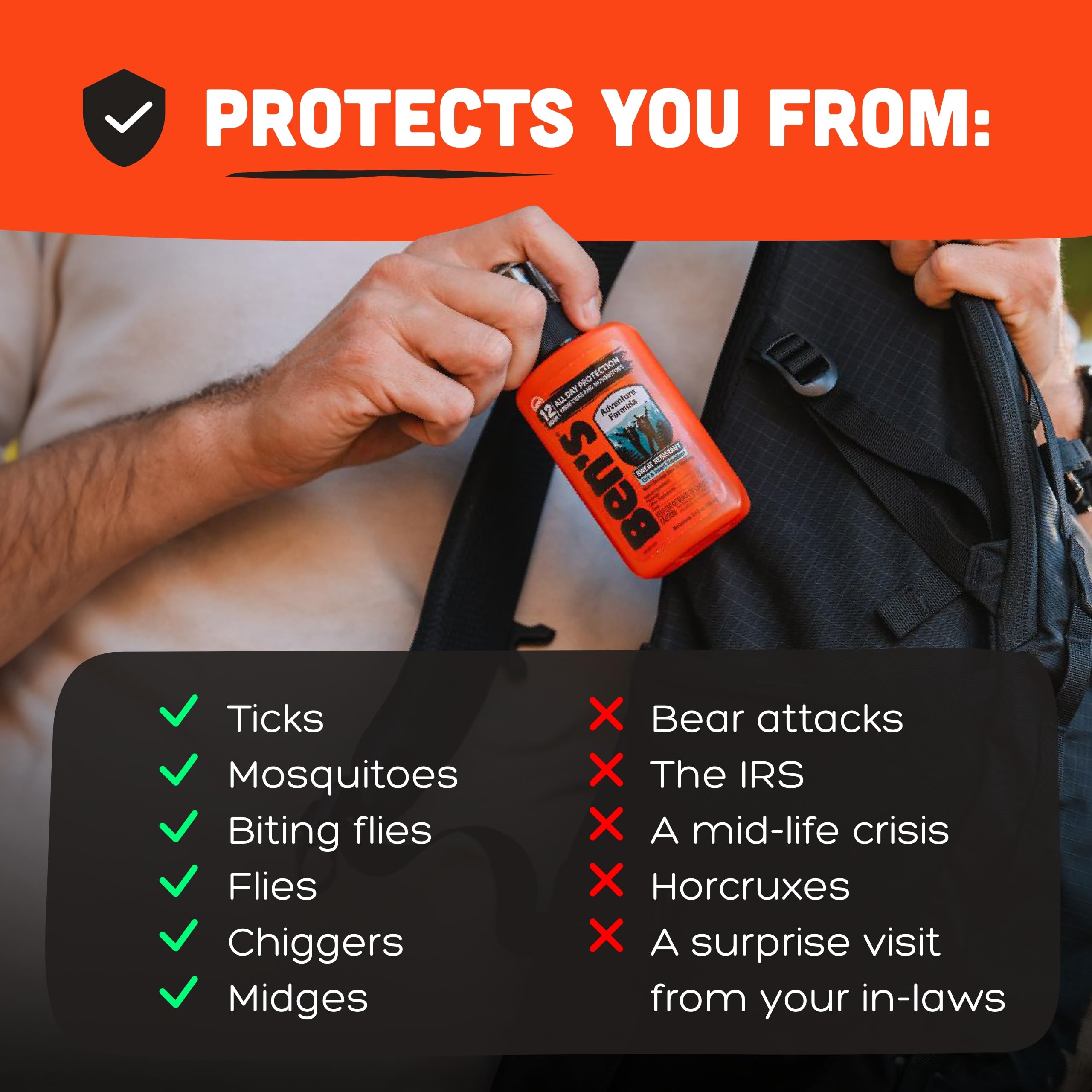 Ben's Adventure Formula bottle used on the trail showing extended protection.