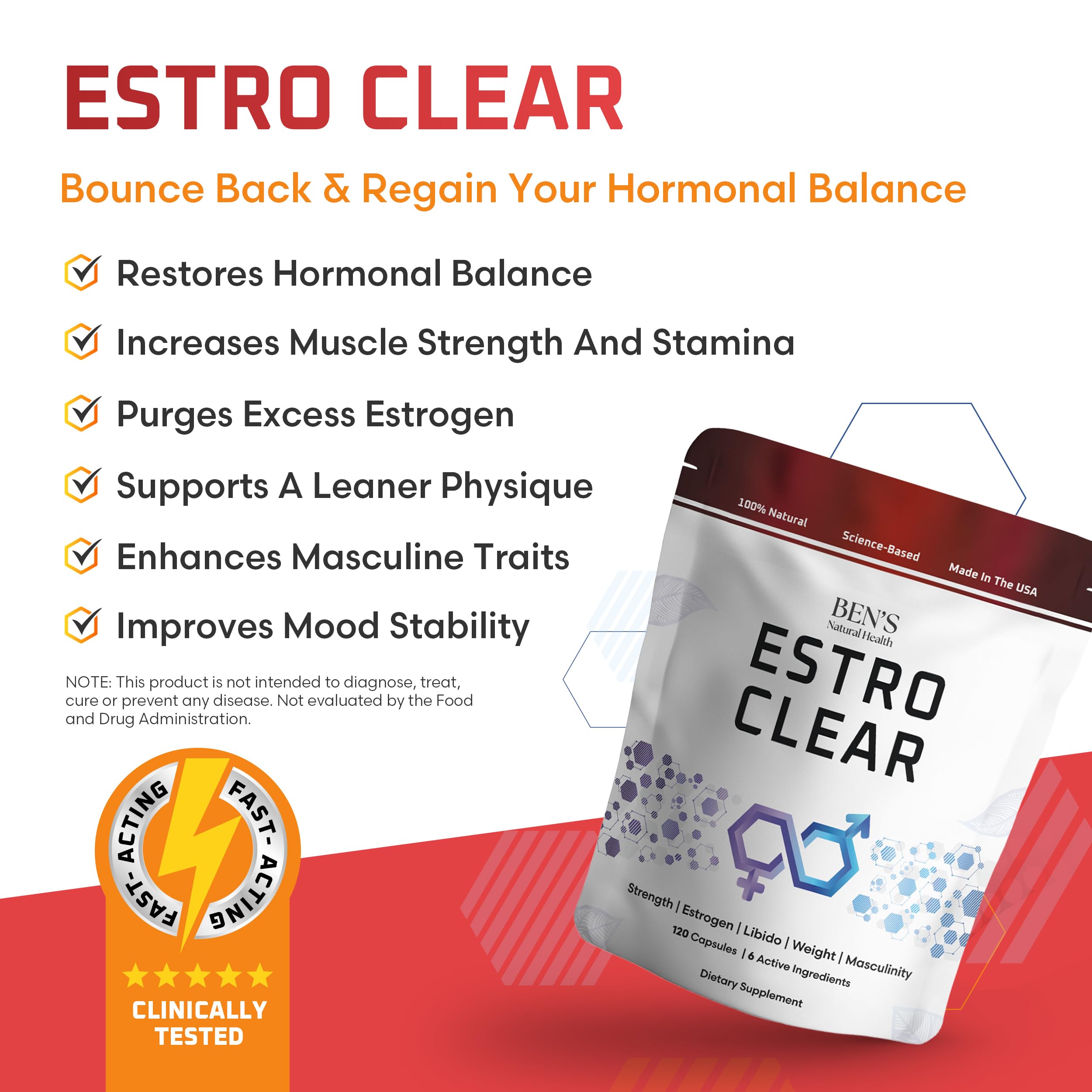 Ben's Natural Health Estro Clear bottle back shows ingredients and usage cues for daily wellness