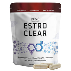 Ben's Natural Health Estro Clear bottle front highlights branding and vitality potential