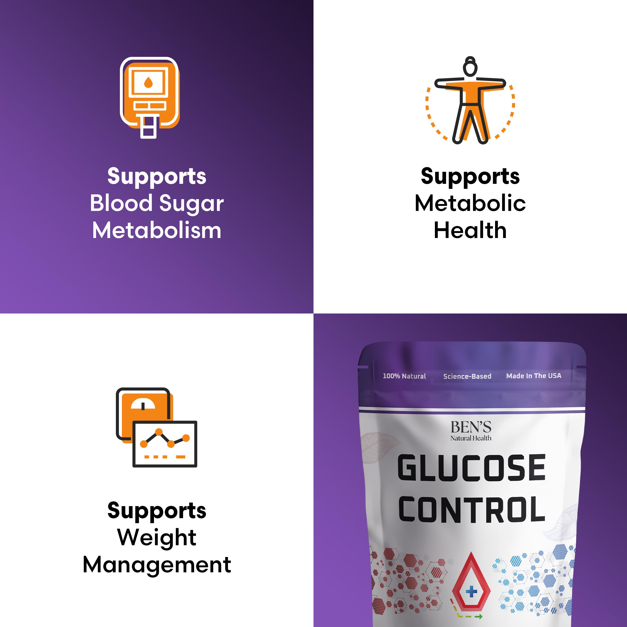 Ben's Natural Health Glucose Control capsules close-up, easy to swallow.