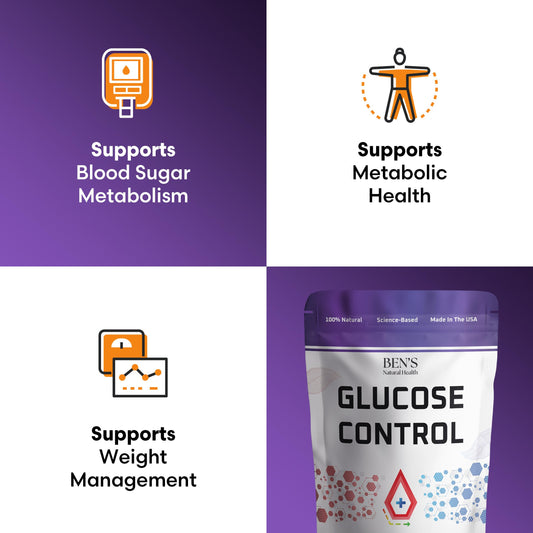 Ben's Natural Health Glucose Control capsules close-up, easy to swallow.