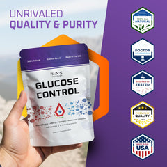 Ben's Natural Health Glucose Control label detail with vegan, non-GMO claim.
