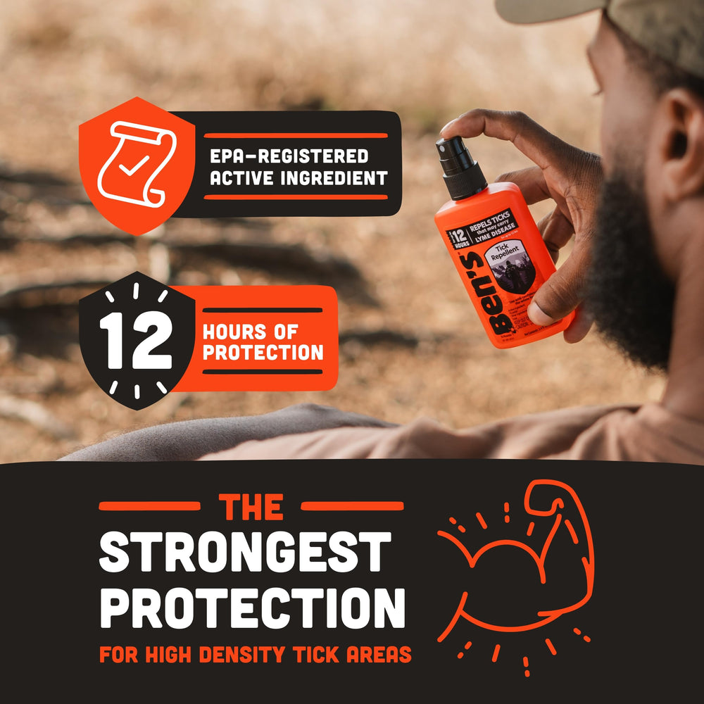 Spray being applied with Ben's Tick Repellent on gear and clothing setup