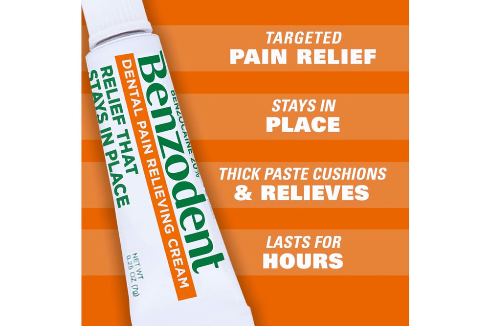 Benzodent helps denture irritation relief for sore gums.