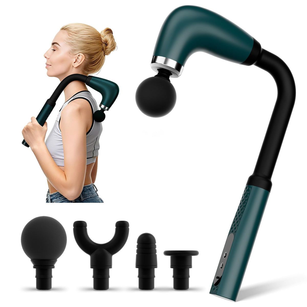 BEONISI massage gun con extended handle para alcance cómodo en cuello y espalda