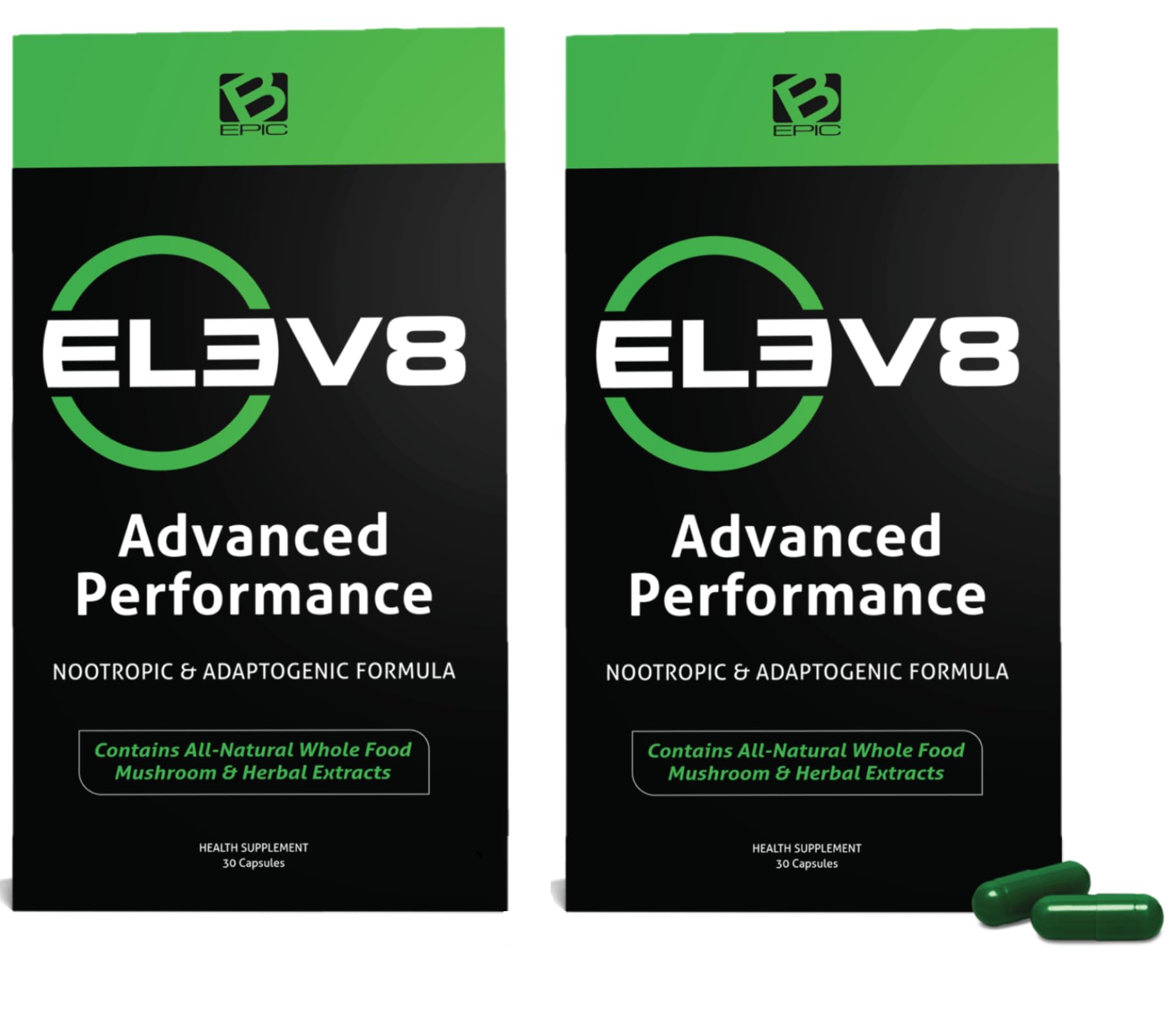 BEpic ELEV8 bottle front with capsules for focused energy and mental clarity.