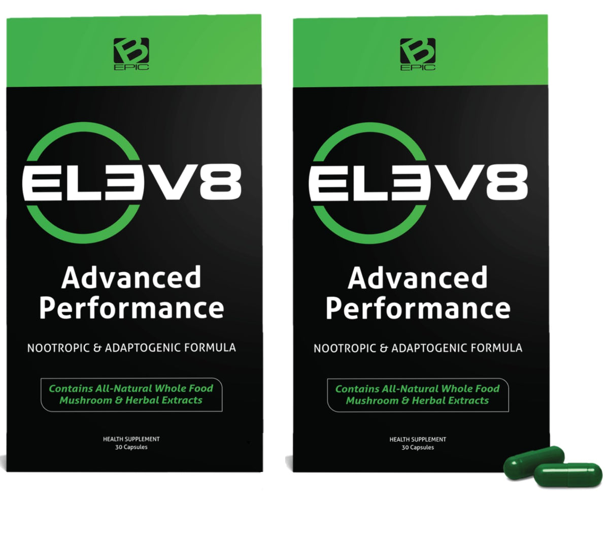 BEpic ELEV8 bottle front with capsules for focused energy and mental clarity.