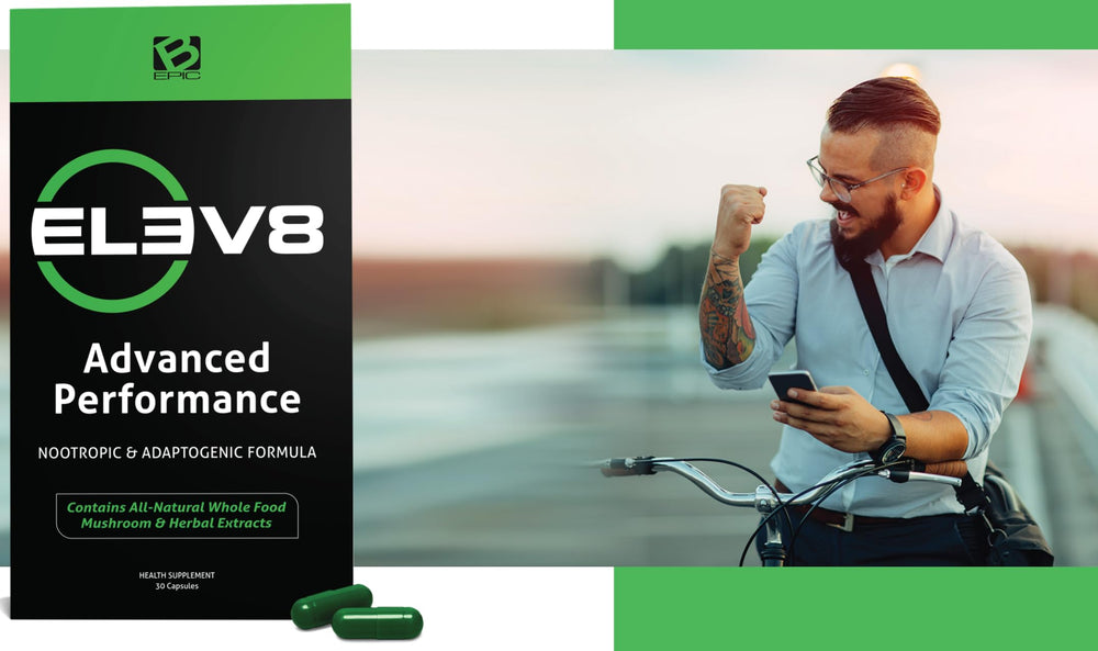 BEpic ELEV8 capsules close-up highlighting herbal extracts and bioavailable nutrients.