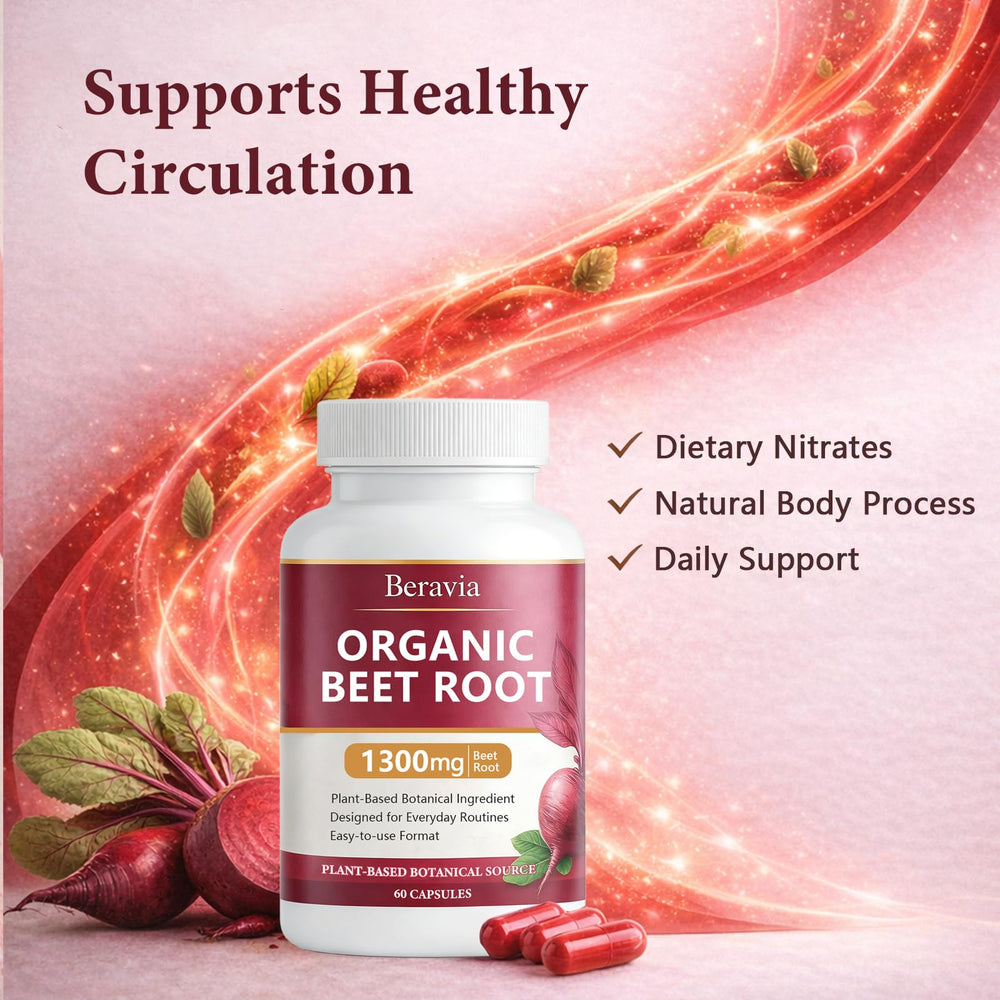 Beravia Beet Root capsules resting beside a glass for daily routine