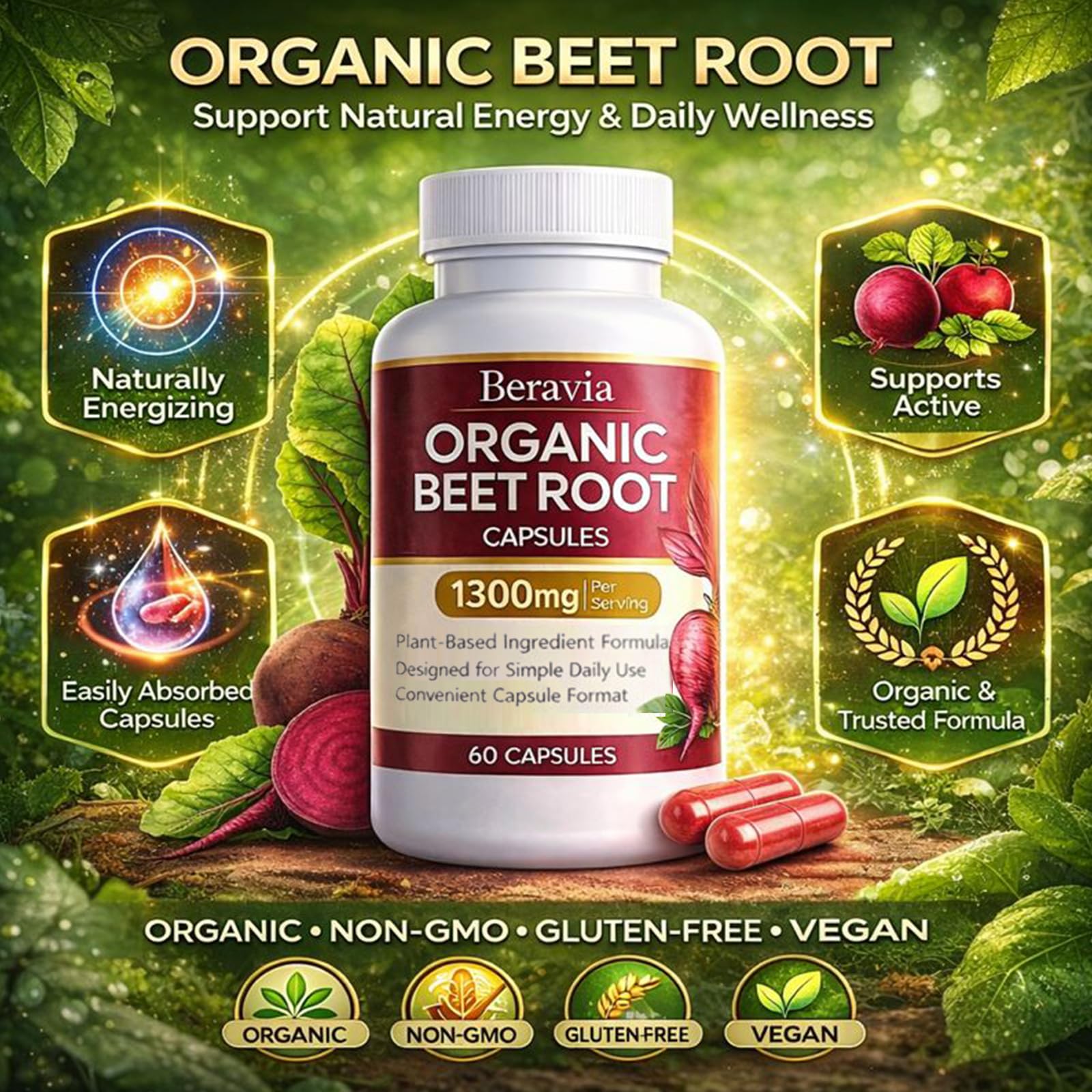 Beravia Beet Root capsules dispensed in hand for easy daily dose