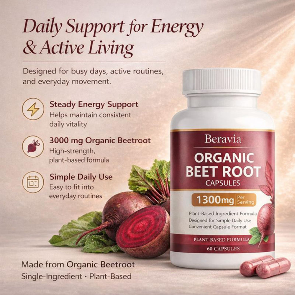 Beravia Beet Root capsules label highlights organic plant-based formula