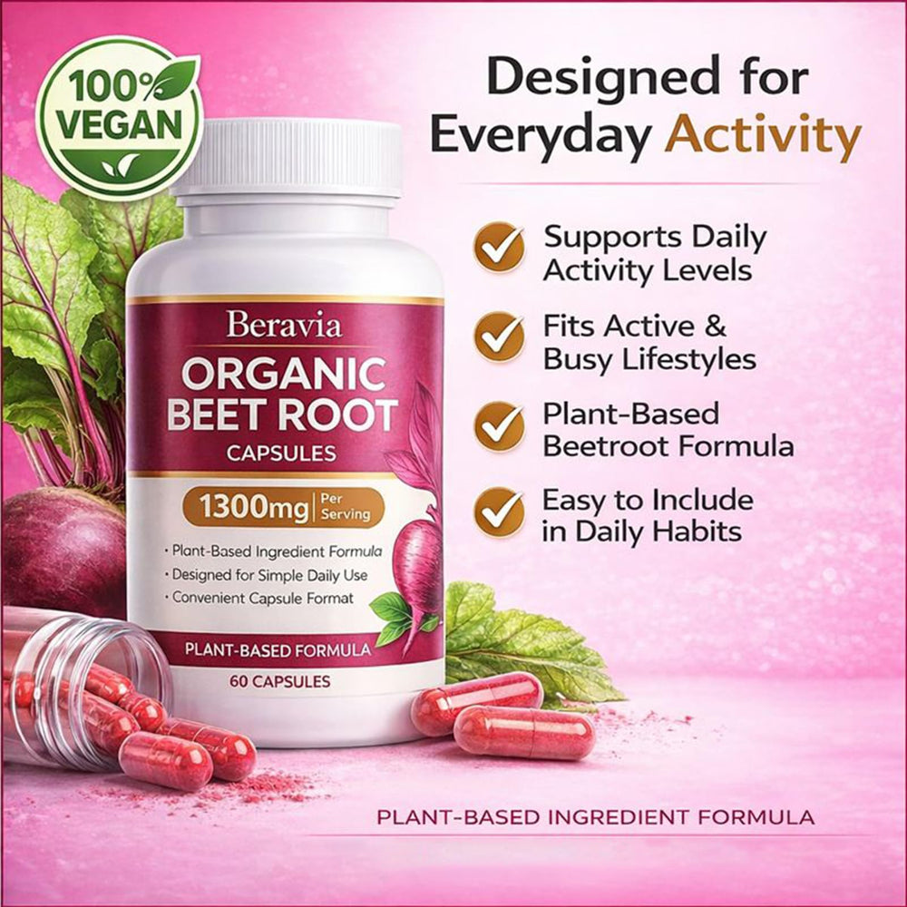 Nutrition panel of Beravia Beet Root capsules indicating beetroot-derived nutrients