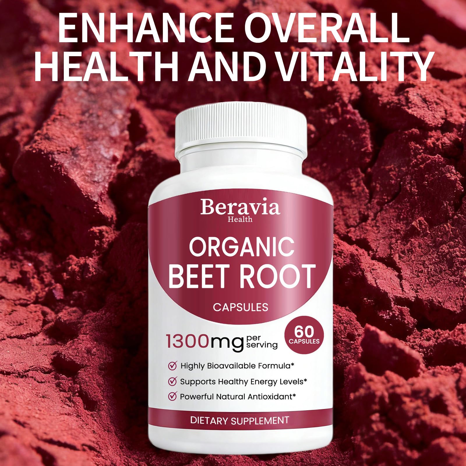 Beravia Health beet root capsules ingredients on label highlighting 1300mg per serving
