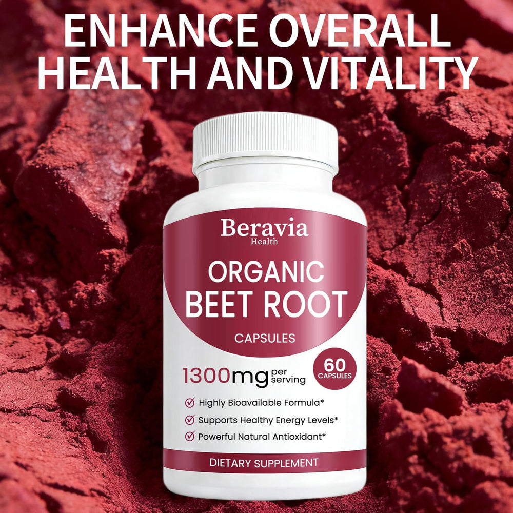 Beravia Health beet root capsules ingredients on label highlighting 1300mg per serving