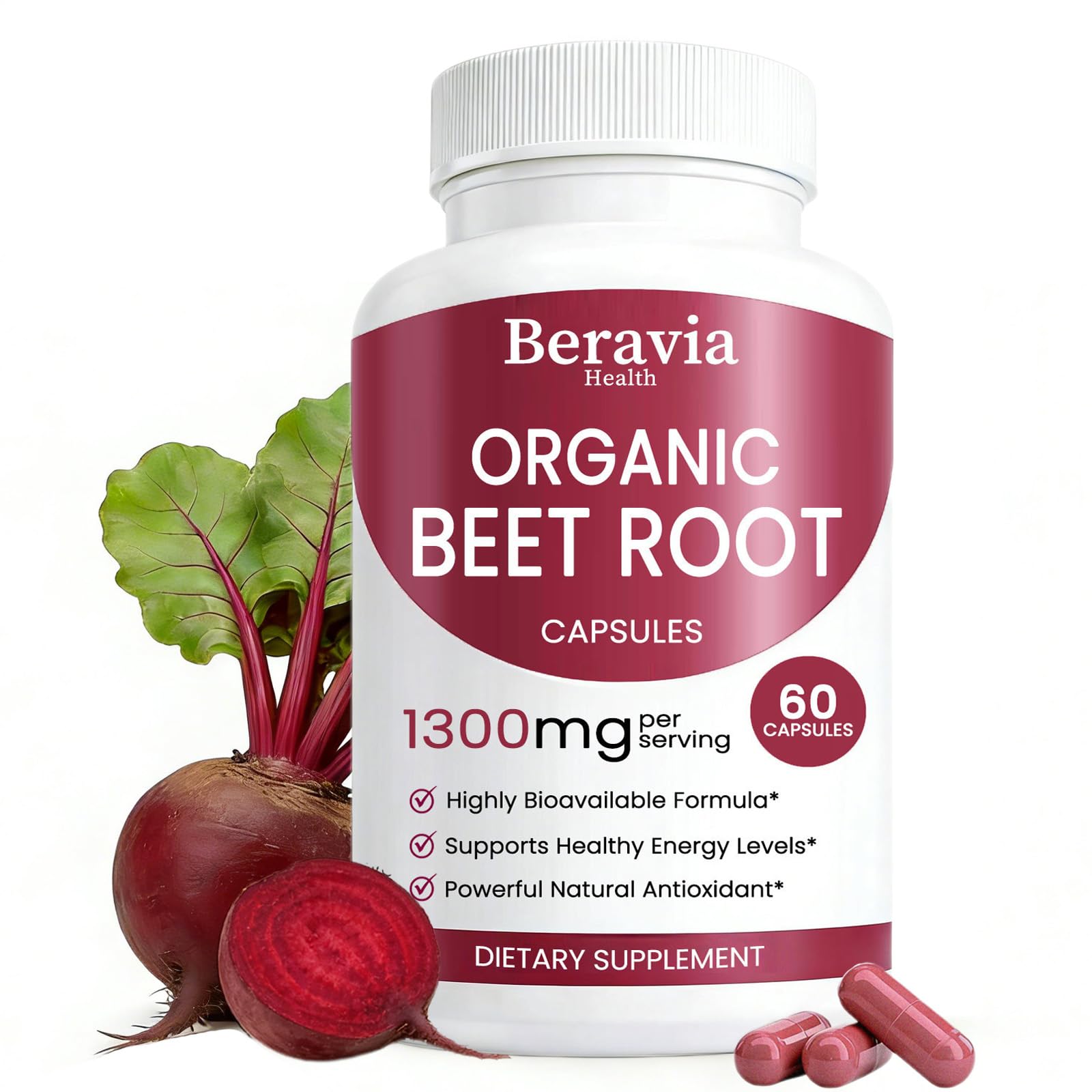 Beravia Health Organic Beet Root Capsules bottle for convenient daily wellness