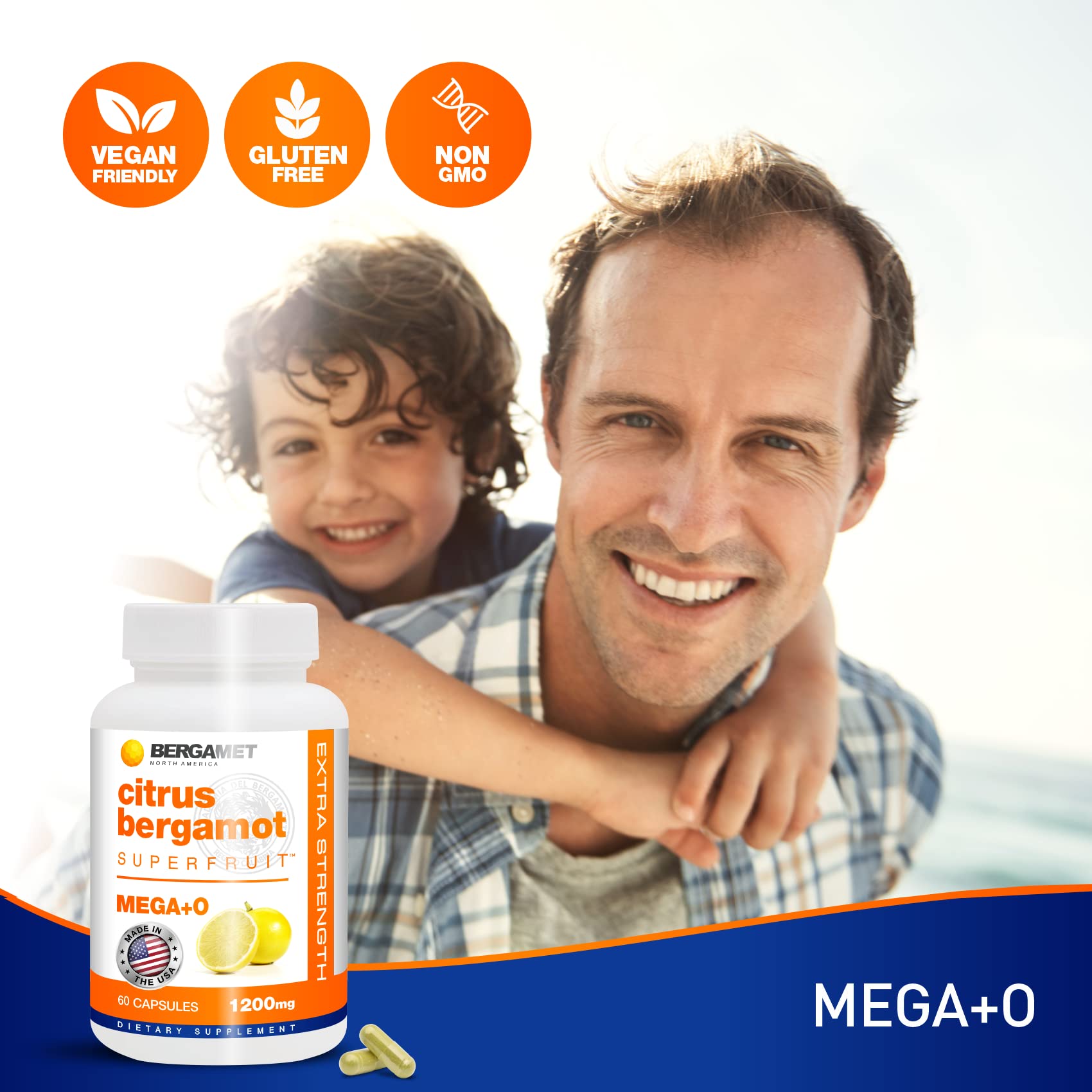 BergaMet Citrus Bergamot bottle open with capsules illustrating daily dosage supply